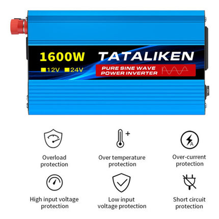 ACS 1600W Pure Sine Wave Inverter DC 12V/24V to AC 110V 60Hz – Car & RV Power Converter with LED Display – Home Backup & Solar System Ready